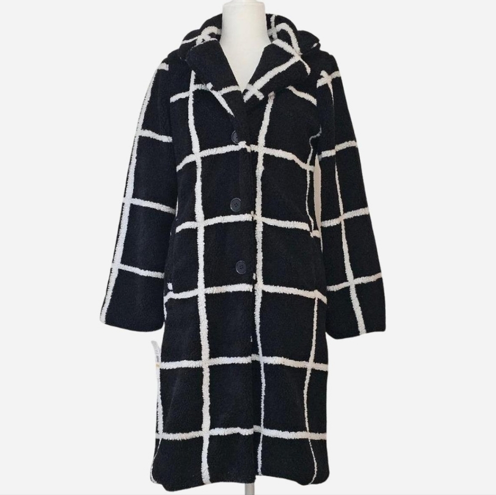 JESSICA SIMPSON Women's Black/White Plush‎ Sherpa Fleece Teddy Winter Coat. Sz S